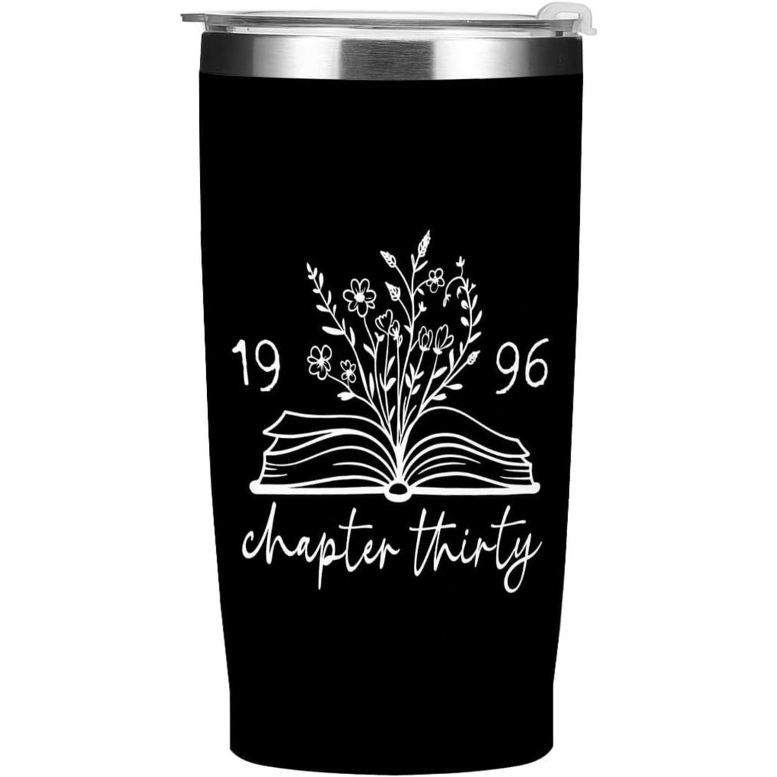 Minimalist black tumbler with “Chapter Thirty” book design, a meaningful 30th Birthday Gift for Wife — mark her next chapter with Hertender at hertender.com.