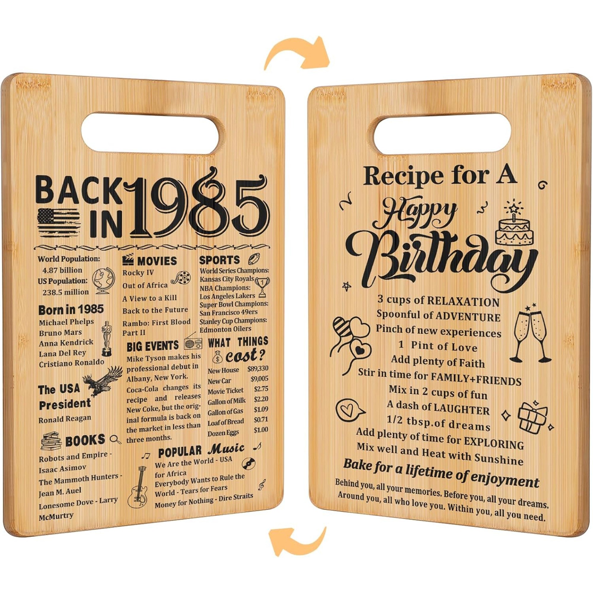 40th birthday gifts for wife cutting board set featuring a 1985 timeline and birthday recipe — Celebrate her story with a personal touch at Hertender.com.