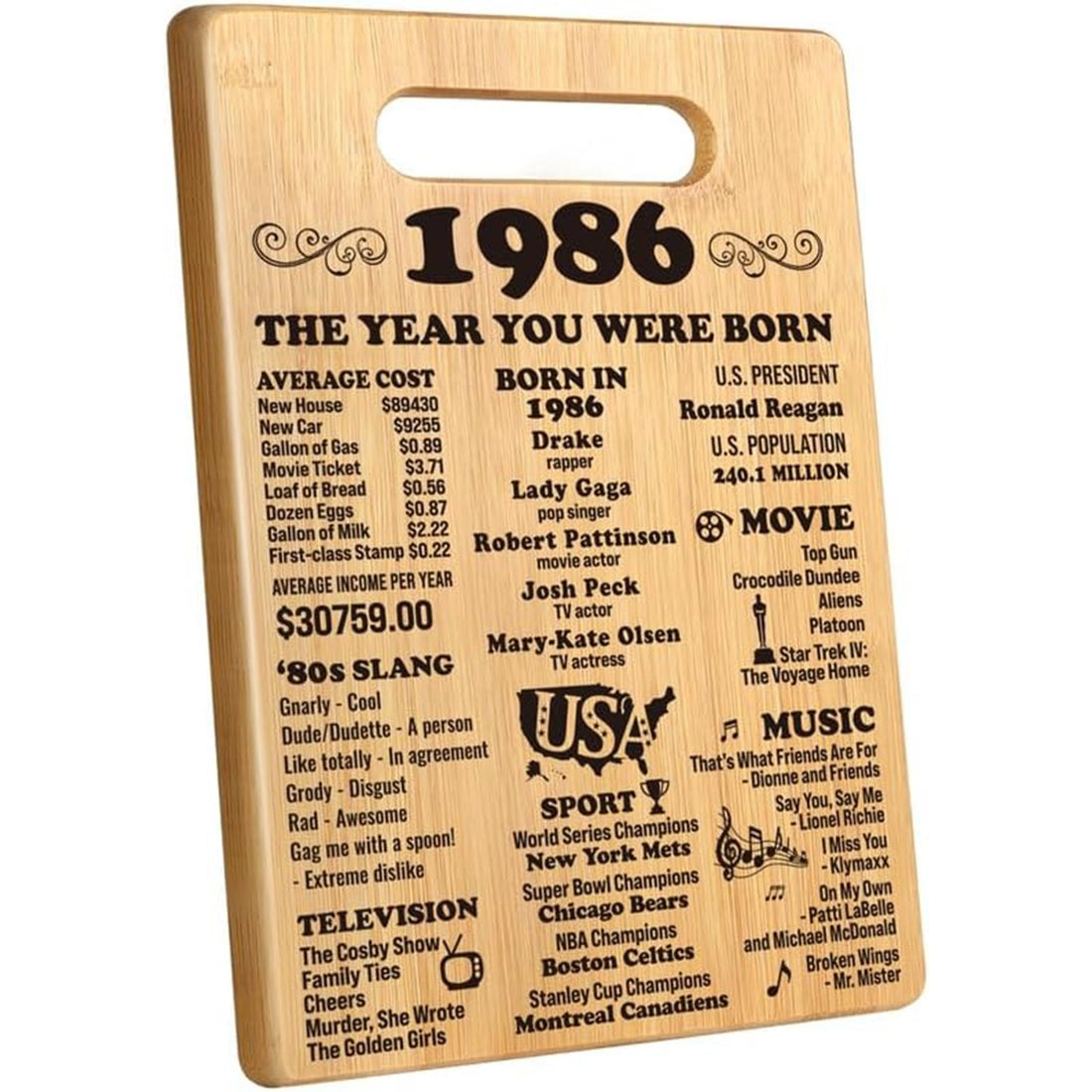 40th birthday gifts for wife cutting board featuring a nostalgic 1986 design — Celebrate her journey with a personal touch at Hertender.com.