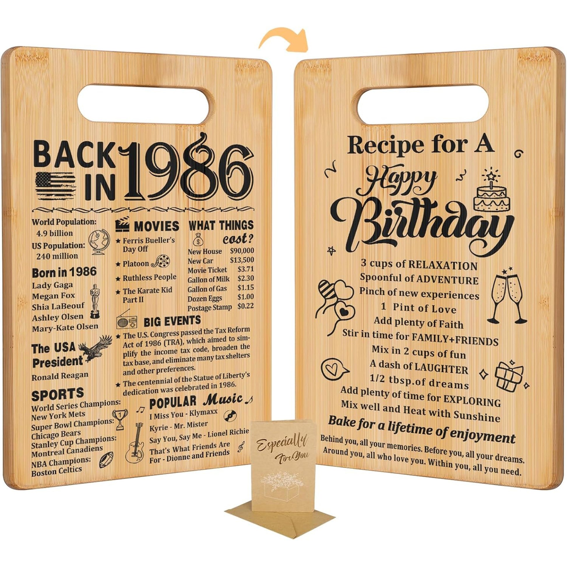 40th birthday gifts for wife cutting board set featuring a 1986 timeline and a birthday recipe — Celebrate her story with a personal touch at Hertender.com.