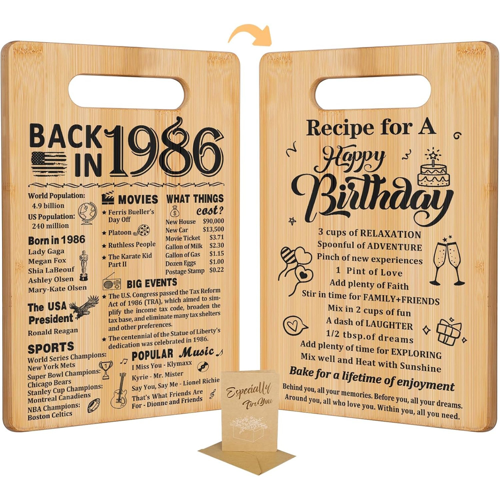 40th birthday gifts for wife cutting board set featuring a 1986 timeline and a birthday recipe — Celebrate her story with a personal touch at Hertender.com.