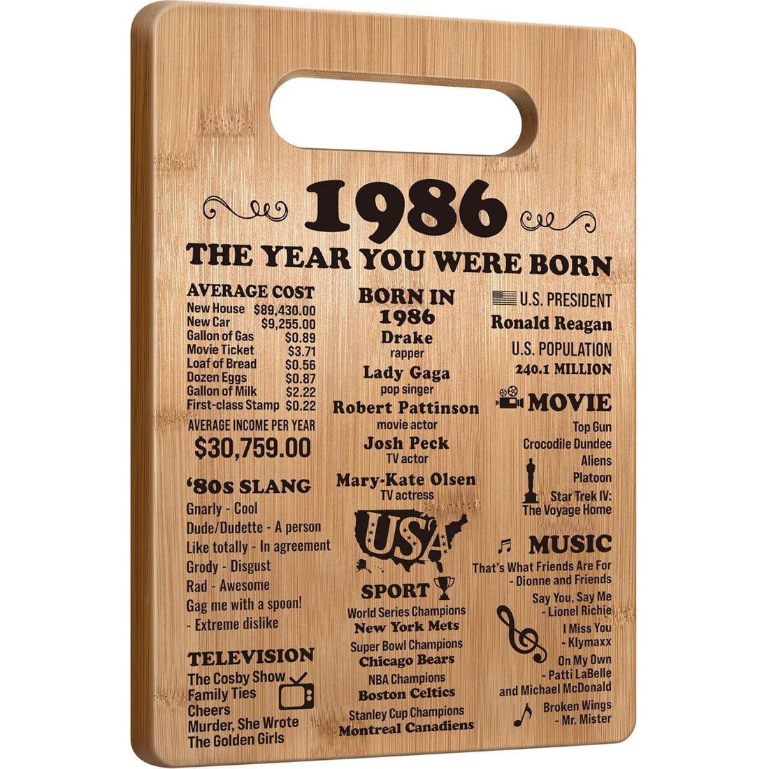 40th birthday gifts for wife cutting board featuring a nostalgic 1986 design — Celebrate her journey with a personal touch at Hertender.com.
