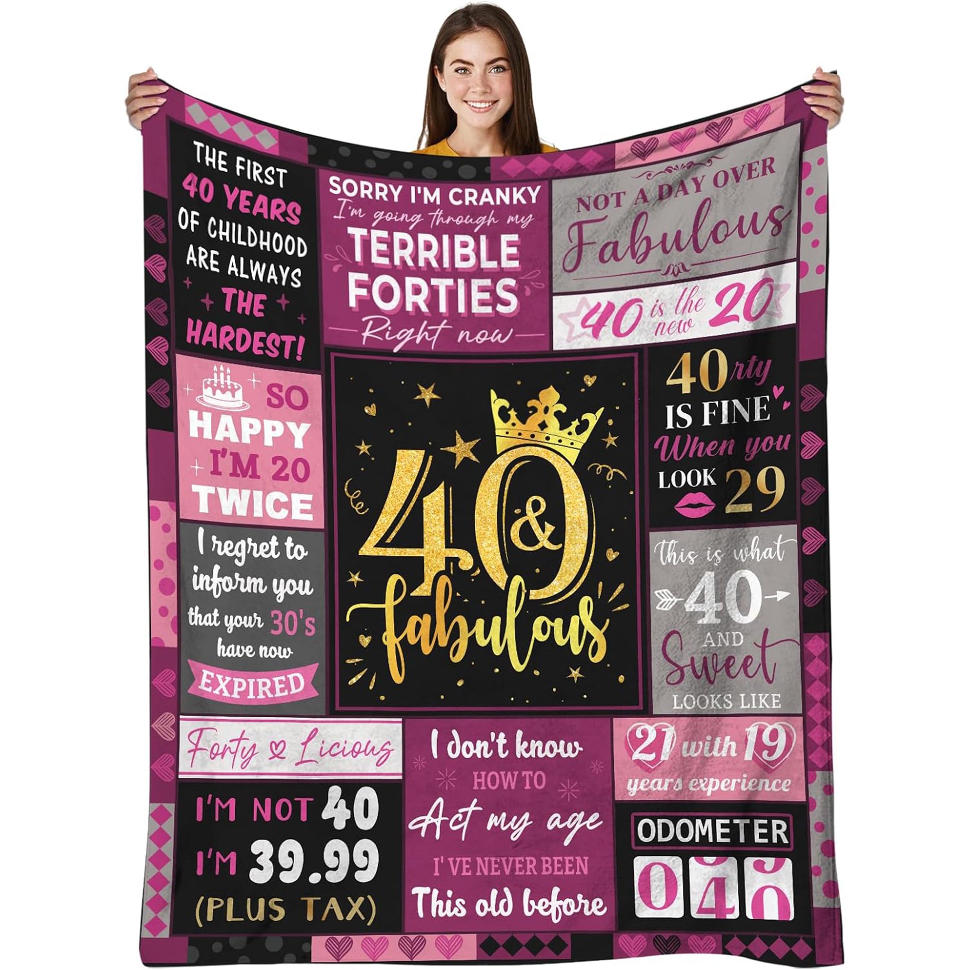 40th birthday gifts for wife fun and fabulous birthday blanket full of humor and confidence — Celebrate her milestone with laughter and love at Hertender.com.