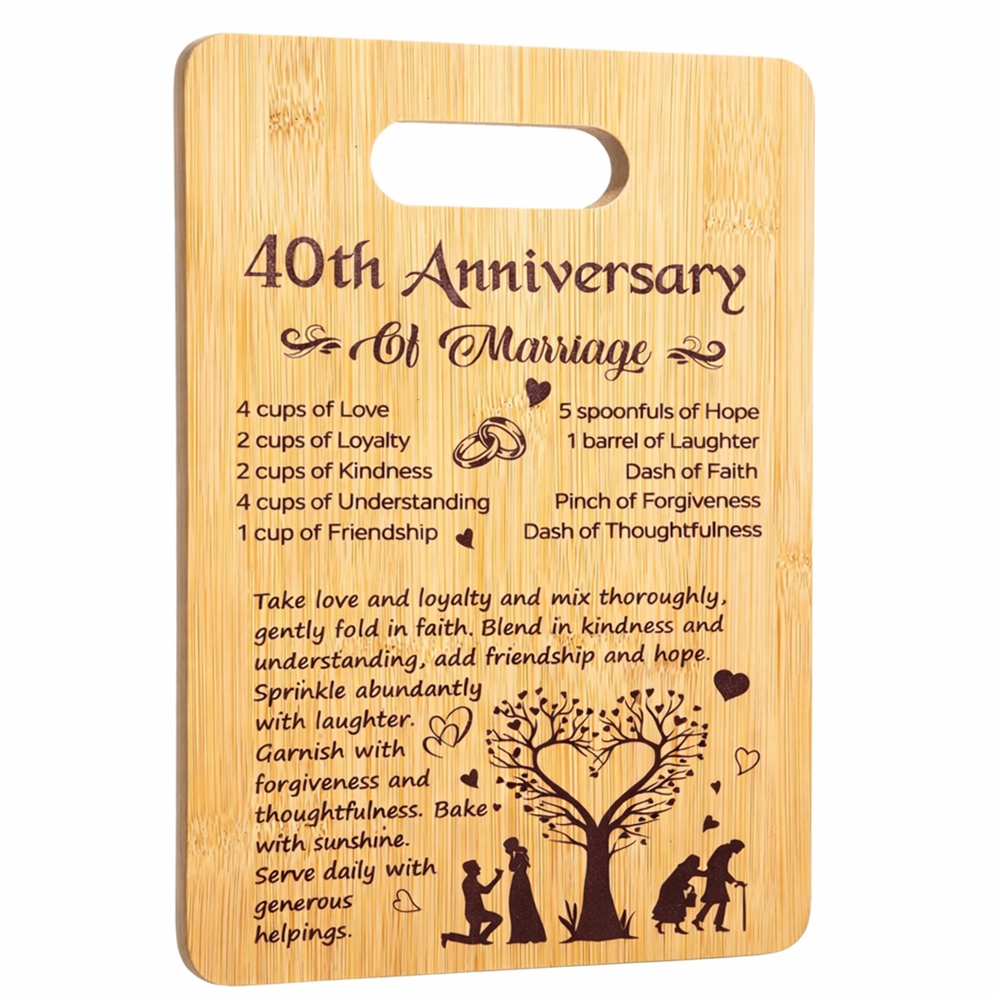 40th birthday gifts for wife cutting board engraved with a romantic recipe celebrating lasting love — Celebrate her heart and your journey together at Hertender.com.