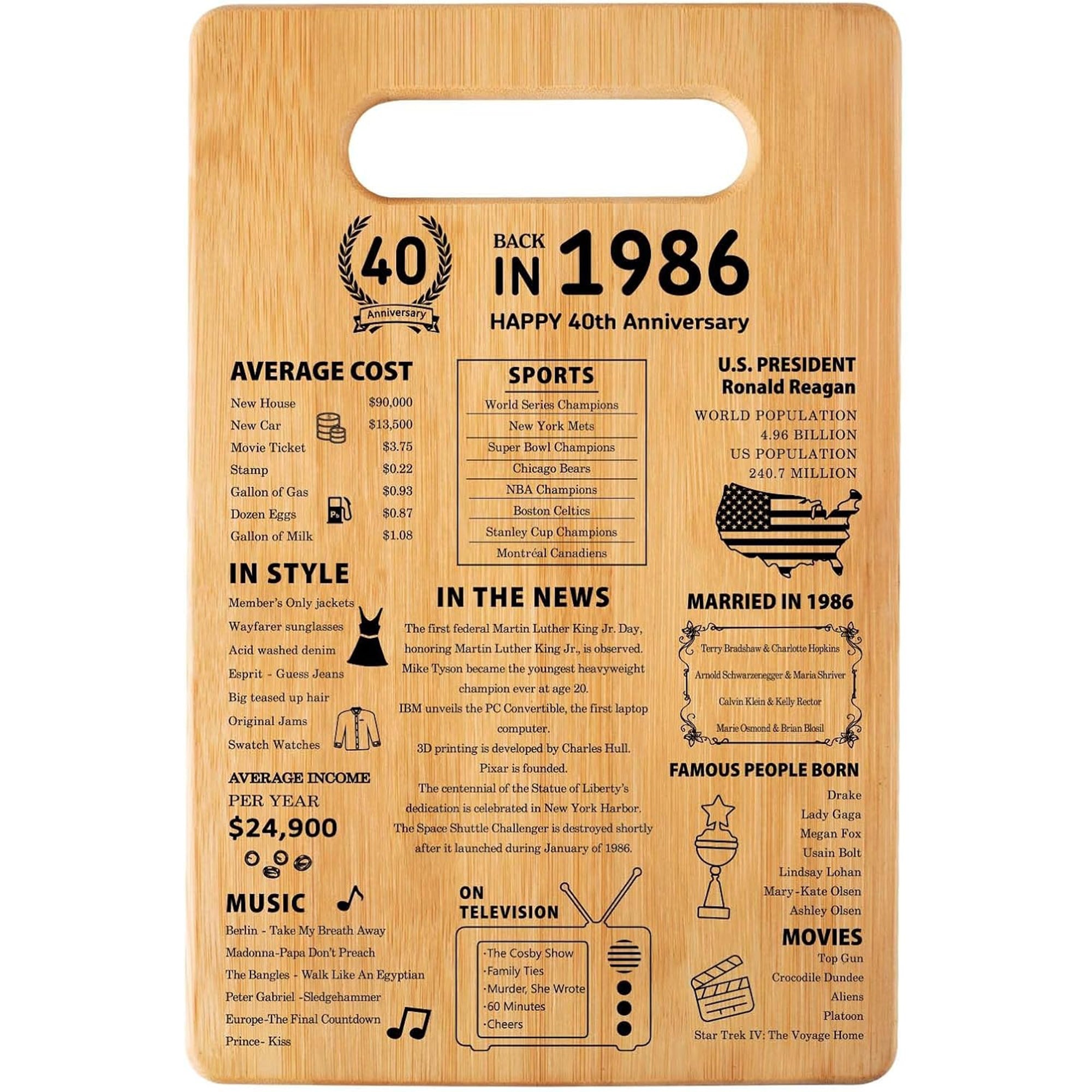 40th birthday gifts for wife cutting board featuring a Back in 1986 design celebrating her story — Celebrate her journey with a personal touch at Hertender.com.