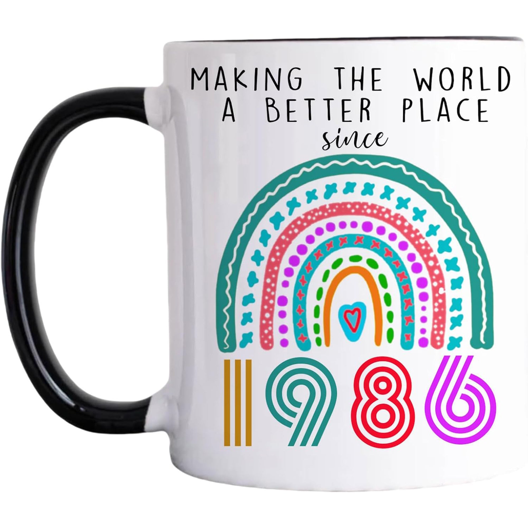 Colorful rainbow mug with heartfelt message, ideal as 40th birthday gifts for wife, celebrating love and kindness since 1986 — Discover tender gifts at Hertender.com.