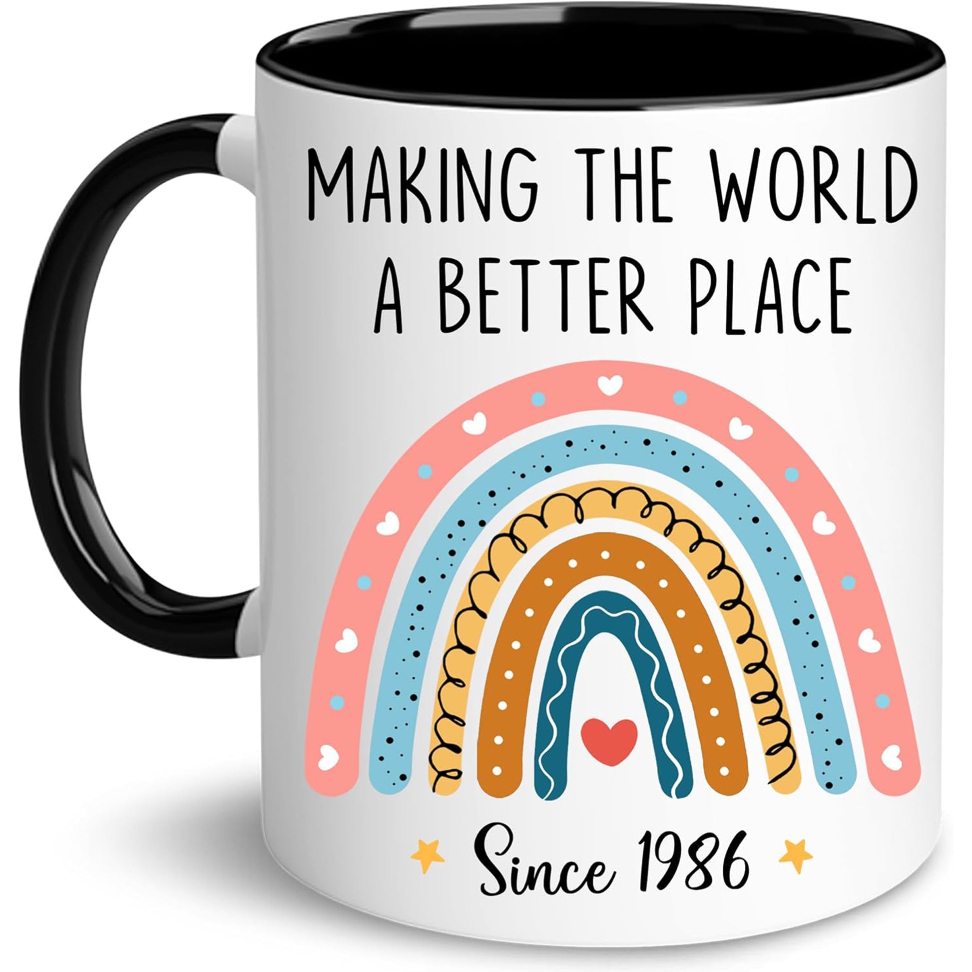 Pastel rainbow mug with loving message, ideal as 40th birthday gifts for wife, celebrating kindness and warmth since 1986 — Discover tender gifts at Hertender.com.
