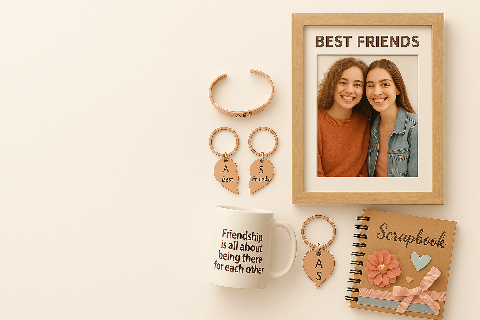 Personalized friendship gift flat lay with photo frame, scrapbook, keychains, and quote “Crafted with care, cherished forever” — Celebrate friendship and meaningful gifting with Hertender at Hertender.com.16184552193b4706ec-2