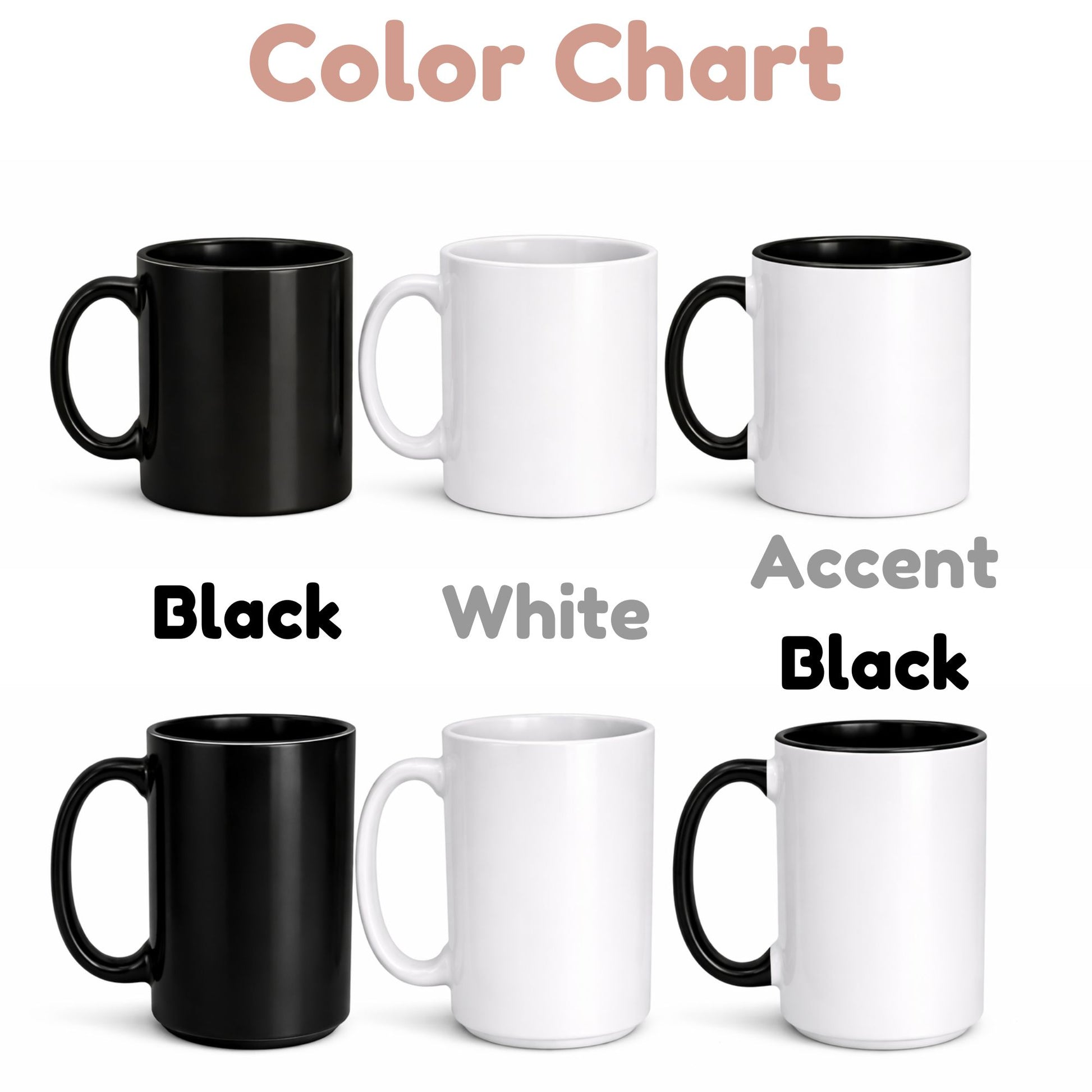 Custom mug colors chart showing black, white, and accent black mug options — Find your perfect gift at Hertender.com.
