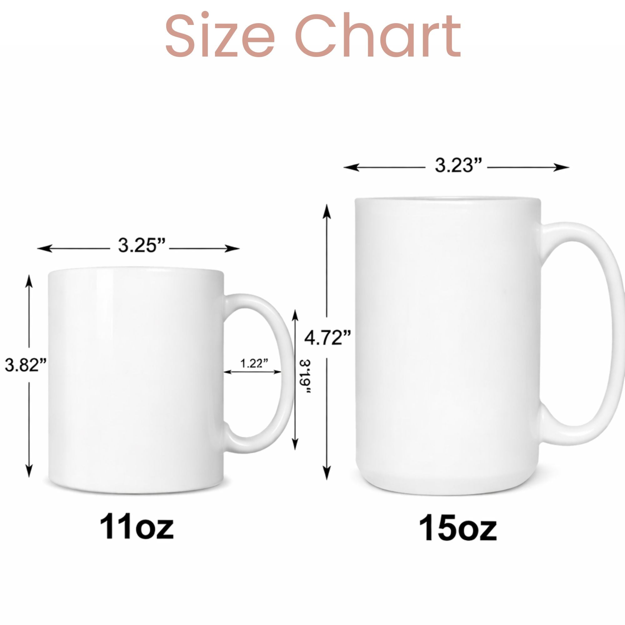 Custom mug sizes chart showing 11oz and 15oz mugs with labeled dimensions — Explore perfect gifts at Hertender.com.