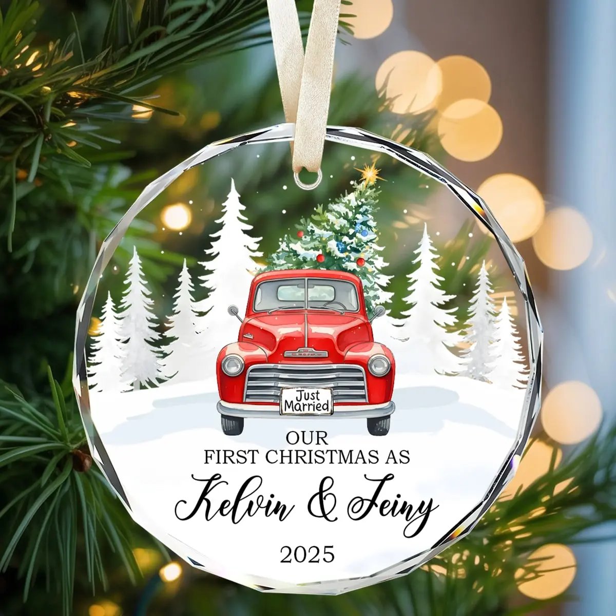 Round personalized glass ornament with a red vintage truck and “Just Married” sign, featuring the text “Our First Christmas As Kelvin and Jeiny 2025” — a meaningful keepsake for newlyweds, available at Hertender.com.