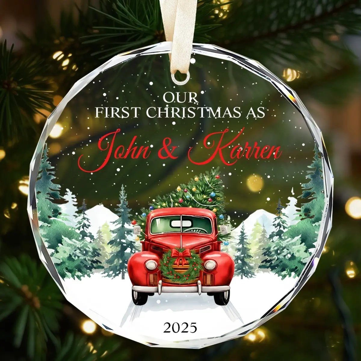 Round personalized glass ornament featuring a red vintage truck and Christmas tree with text “Our First Christmas As John and Karren 2025” — a romantic keepsake to celebrate love and new traditions, available at Hertender.com.
