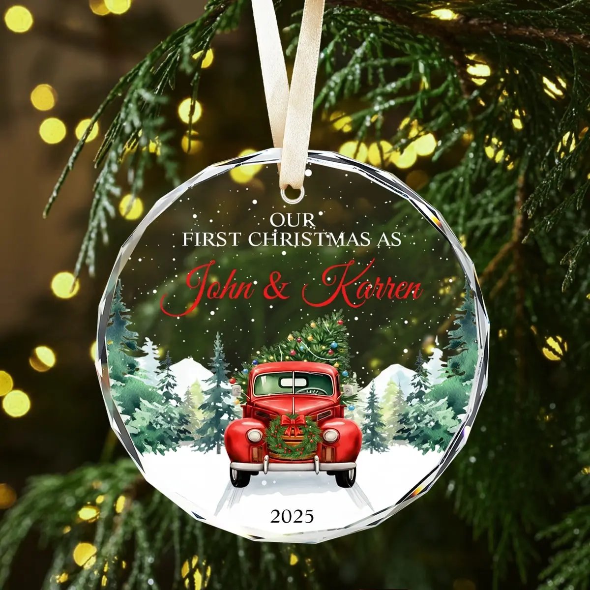 Round glass ornament with a red vintage truck and Christmas tree, personalized with “Our First Christmas As John and Karren 2025” — a romantic keepsake for newlyweds, available at Hertender.com.