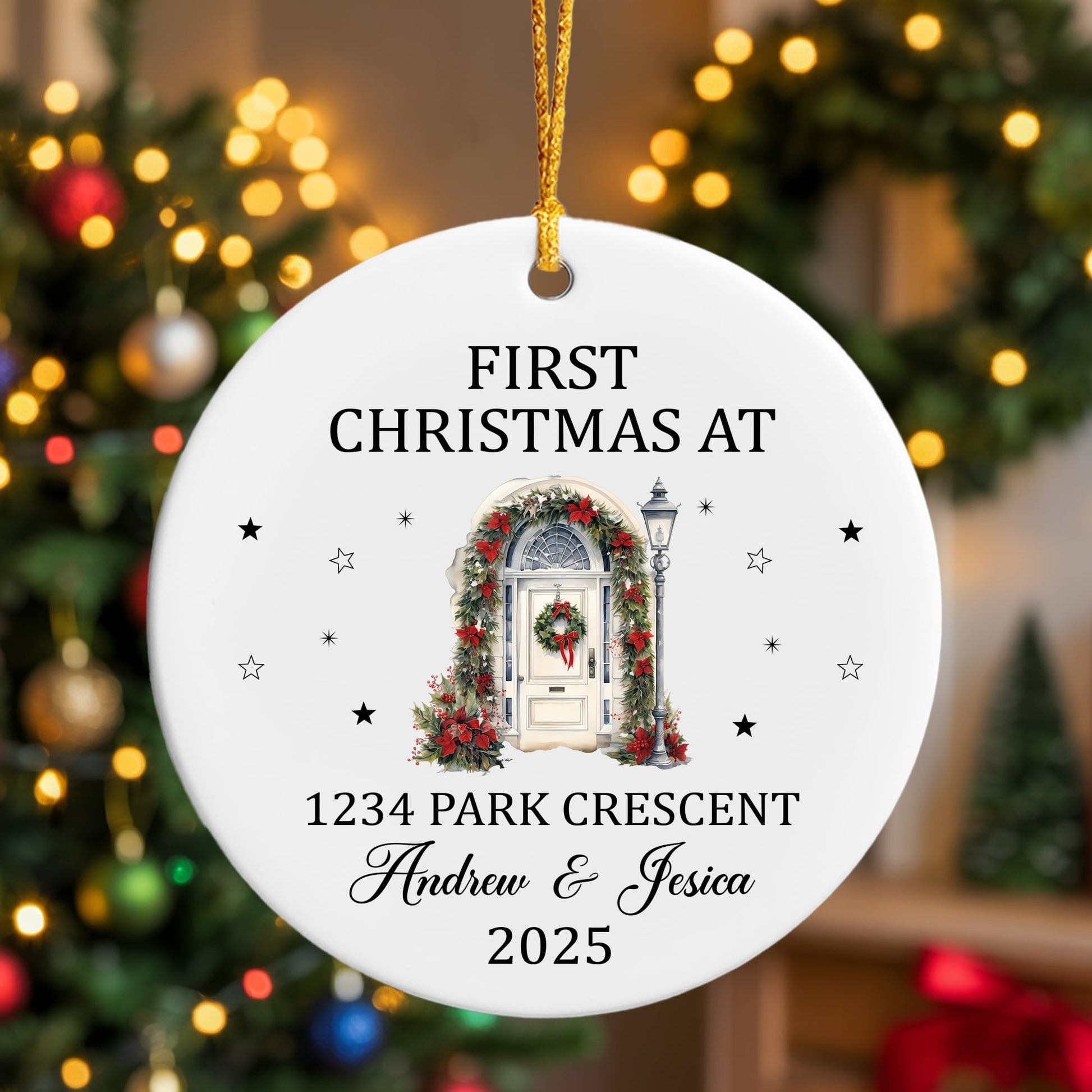 Personalized “First Christmas at Our New Address” ornament hanging on a Christmas tree with soft festive lights — Celebrate tender holiday gifts at Hertender.com.