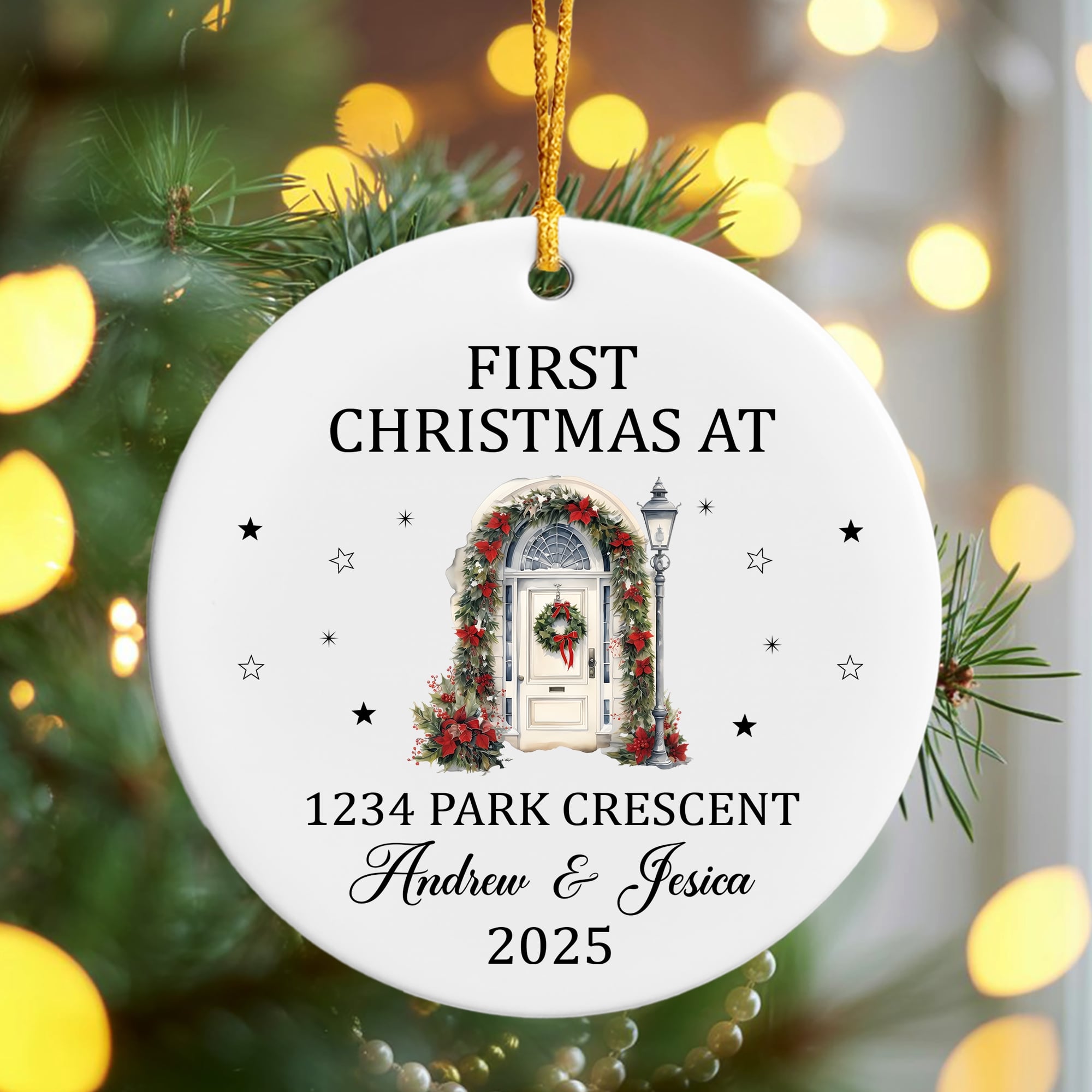 Personalized “First Christmas at Our New Address” ornament glowing on a Christmas tree with warm golden lights — Discover heartfelt holiday gifts at Hertender.com.