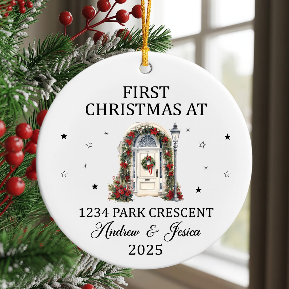 Personalized “First Christmas at Our New Address” ornament hanging on a Christmas tree, celebrating love and home — Discover heartfelt holiday gifts at Hertender.com.