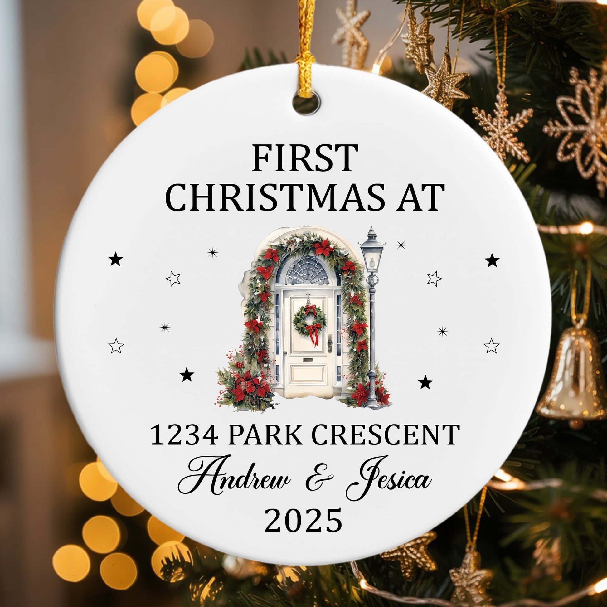 Personalized “First Christmas at Our New Address” ornament hanging on a Christmas tree, celebrating love and home — Discover heartfelt holiday gifts at Hertender.com.