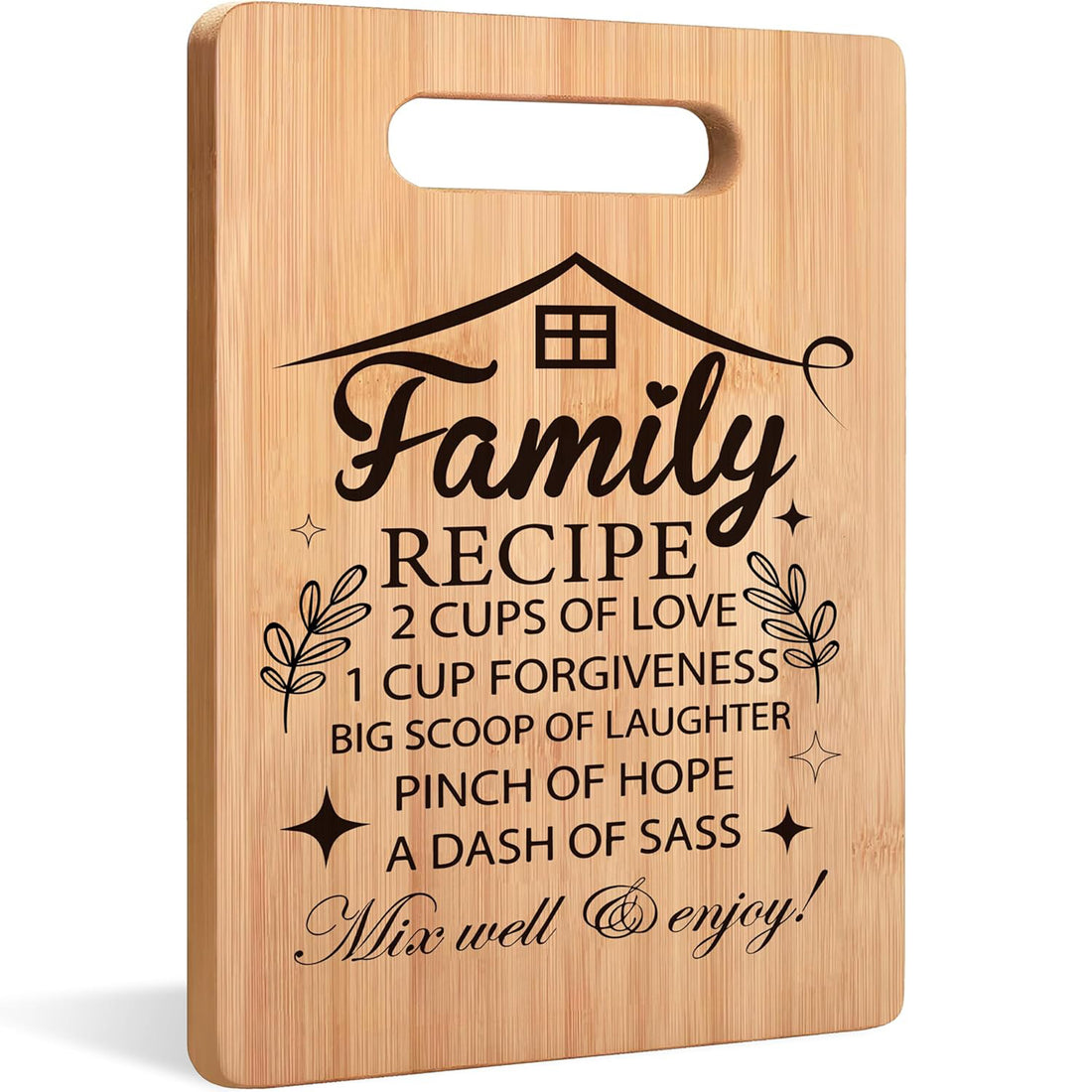 Engraved bamboo cutting board with “Family Recipe” message, perfect as 30th birthday gifts for husband celebrating love, laughter, and home — Discover meaningful family keepsakes at Hertender.com.