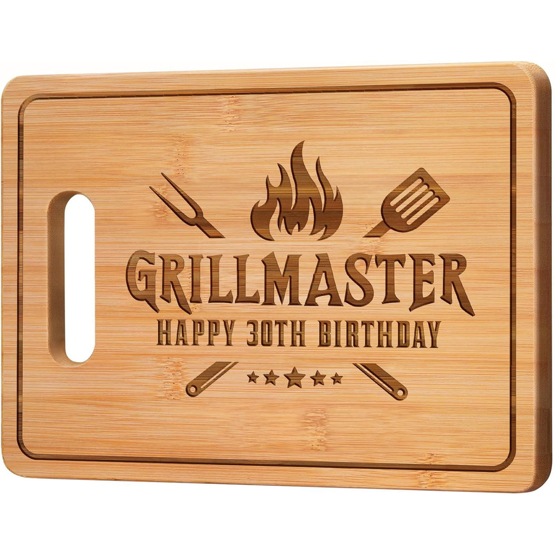 Engraved bamboo cutting board with “Grillmaster Happy 30th Birthday,” ideal as 30th birthday gifts for husband who loves grilling — Discover meaningful gifts at Hertender.com.