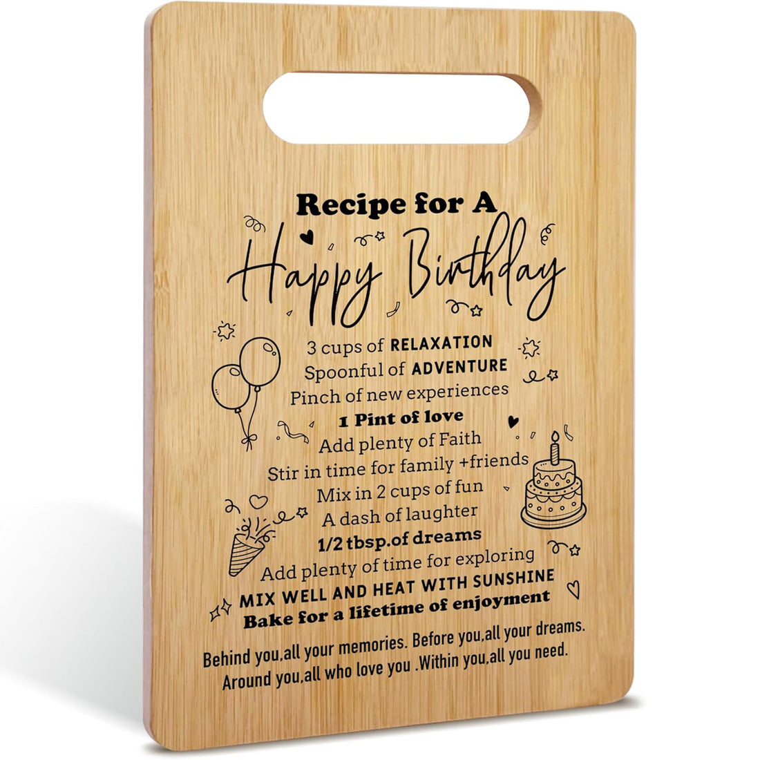 Engraved bamboo cutting board with “Recipe for a Happy Birthday,” perfect as 30th birthday gifts for husband celebrating love and joy — Discover heartfelt keepsakes at Hertender.com.