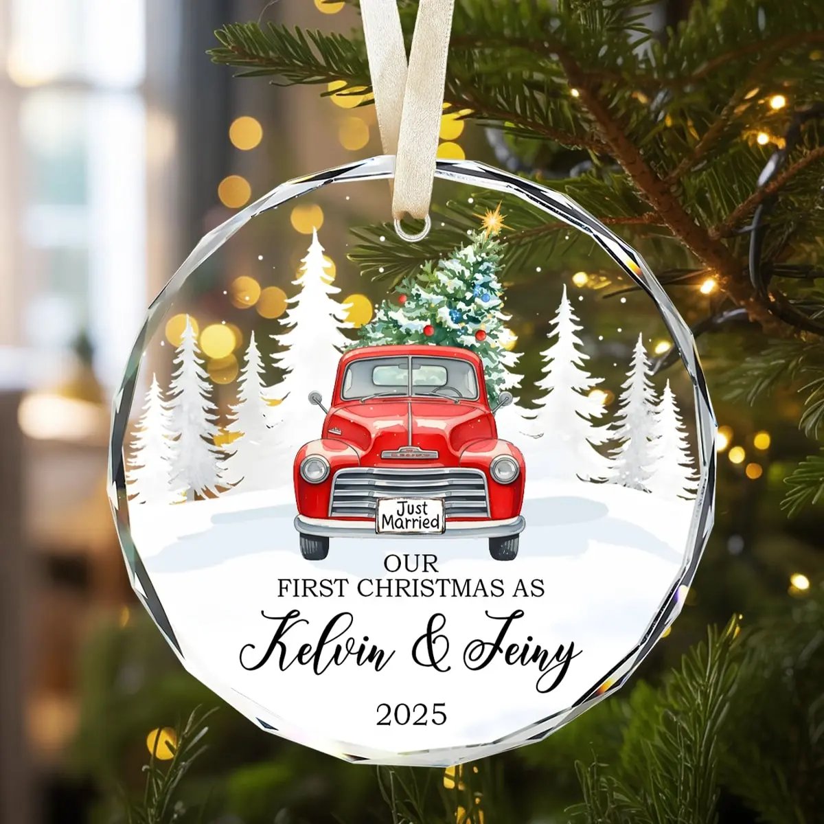 Round personalized glass ornament with a red vintage truck and “Just Married” sign, featuring the text “Our First Christmas As Kelvin and Jeiny 2025” — a heartfelt keepsake for newlyweds, available at Hertender.com.