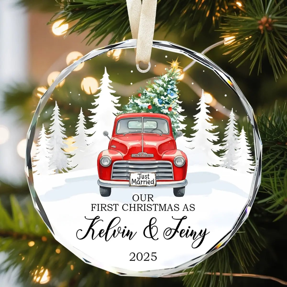 Round personalized glass ornament with a red vintage truck and “Just Married” sign, featuring the text “Our First Christmas As Kelvin and Jeiny 2025” — a heartfelt keepsake for newlyweds, available at Hertender.com.