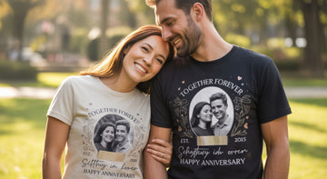 Couple wearing personalized anniversary T-shirts in a warm outdoor setting — Discover meaningful gifts at Hertender.com.