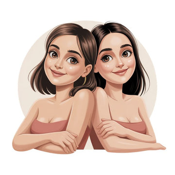 Illustration of two best friends smiling together representing a personalize gift — Discover meaningful gifts at Hertender.com.