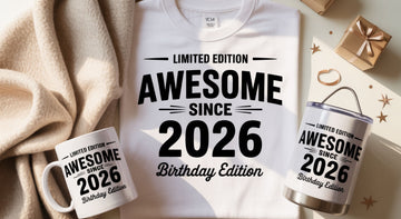 Personalized birthday gift set with T-shirt, mug, and tumbler in minimal flat lay — Discover meaningful gifts at Hertender.com.