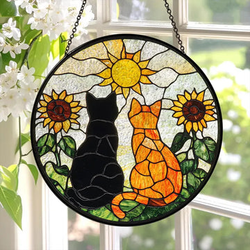 Stained glass cats with sunflowers window decor representing a personalize gift for pet lovers — Discover meaningful gifts at Hertender.com.