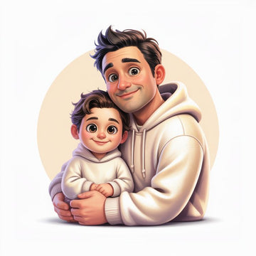 Illustration of father holding child representing a personalize gift for dad — Discover meaningful gifts at Hertender.com.