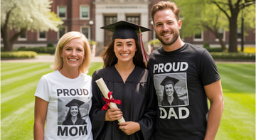 Graduate with parents wearing personalized proud mom and dad shirts outdoors — Discover meaningful gifts at Hertender.com.