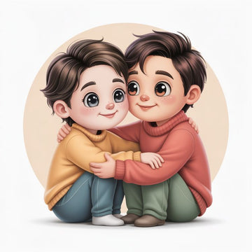Illustration of two kids hugging representing a personalize gift for siblings — Discover meaningful gifts at Hertender.com.