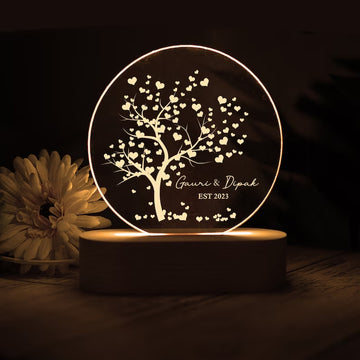 Personalized LED lamp with couple names and heart tree for romantic gift — Discover meaningful gifts at Hertender.com.