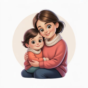 Illustration of mother hugging child representing a personalize gift for mom — Discover meaningful gifts at Hertender.com.