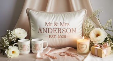 Elegant personalized wedding gift set with pillow, mugs, and candle in soft tones — Discover meaningful gifts at Hertender.com.