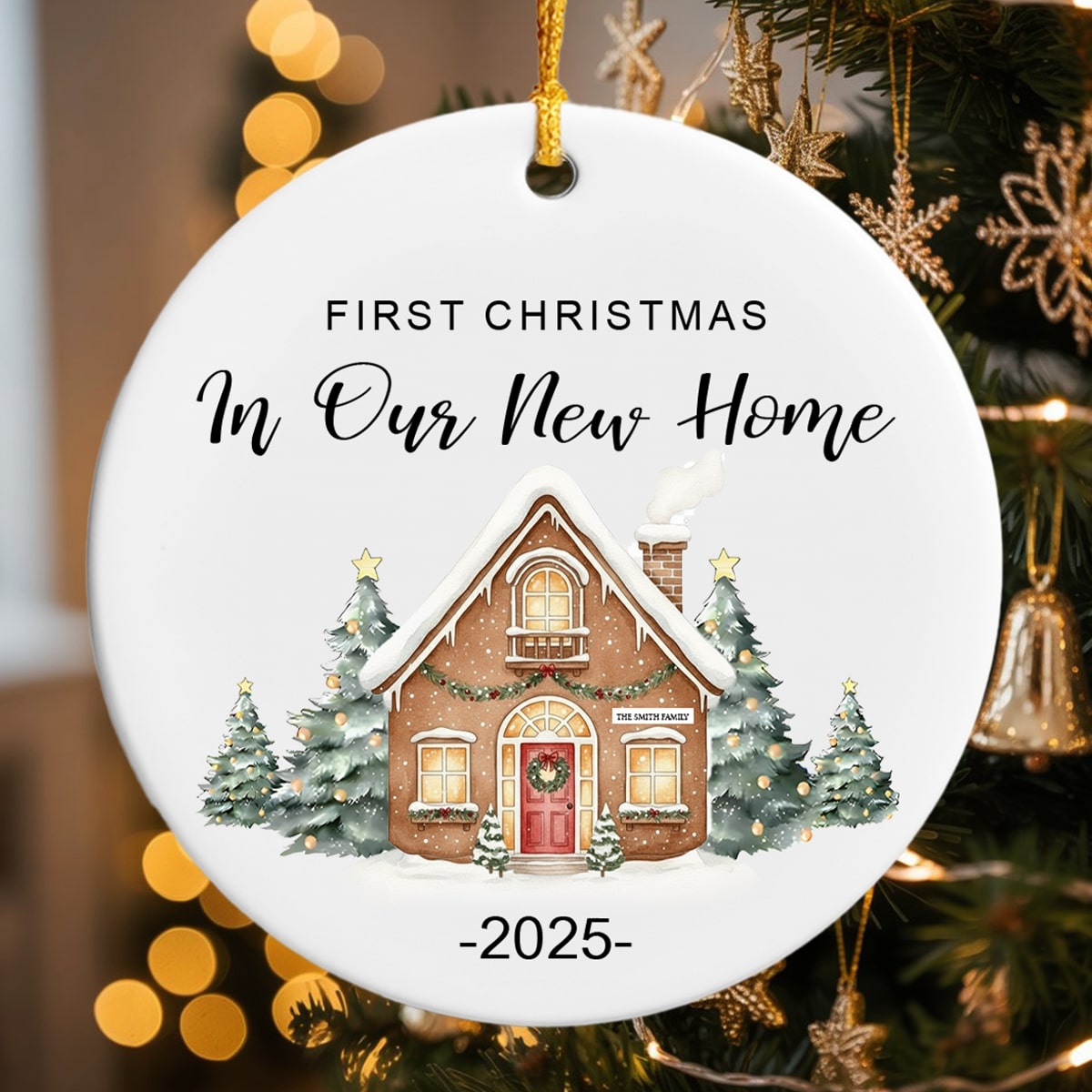 Ceramic “First Christmas in Our New Home” ornament featuring a cozy gingerbread house design — a heartfelt personalized gift for new homeowners. Discover tender personalized gifts at Hertender.com.