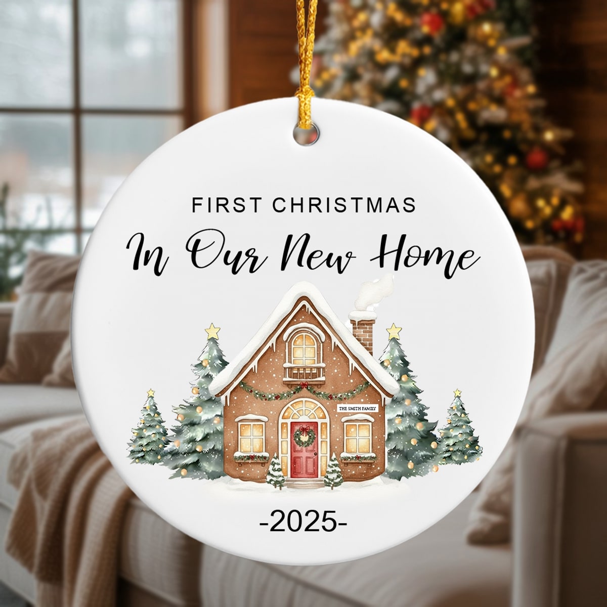 “First Christmas in Our New Home” ceramic ornament with a gingerbread house design, hanging in a cozy living room near a Christmas tree. Celebrate heartfelt personalized gifts with Hertender at Hertender.com.