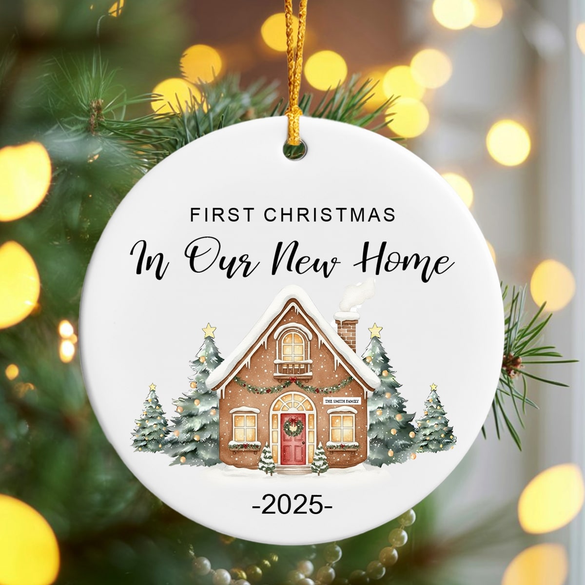 “First Christmas in Our New Home” ceramic ornament with a gingerbread house design, glowing softly among holiday lights. Celebrate your first home with personalized gifts from Hertender at Hertender.com.
