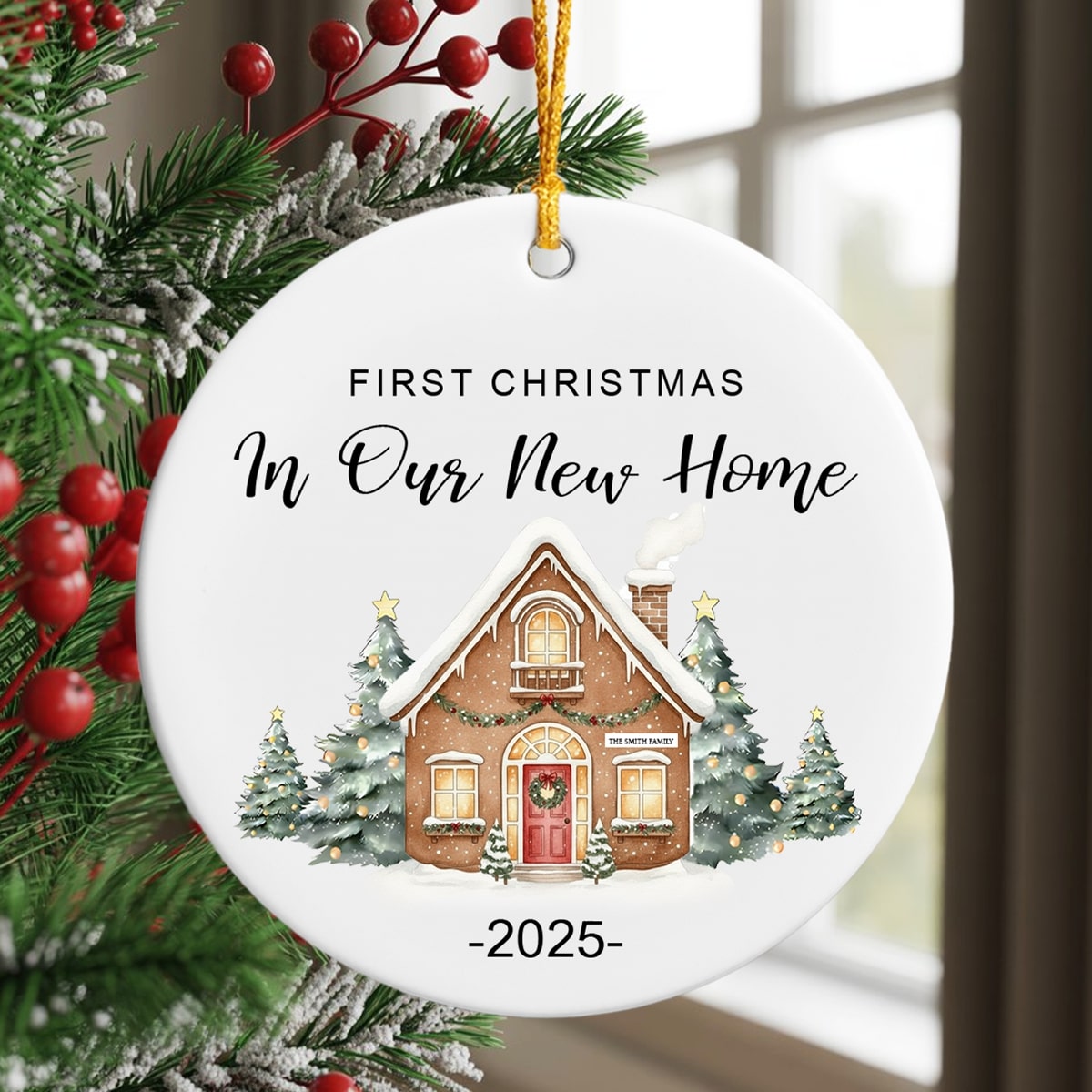 “First Christmas in Our New Home” ceramic ornament with a gingerbread house design, hanging on a festive tree with red berries. Discover heartfelt personalized gifts from Hertender at Hertender.com.