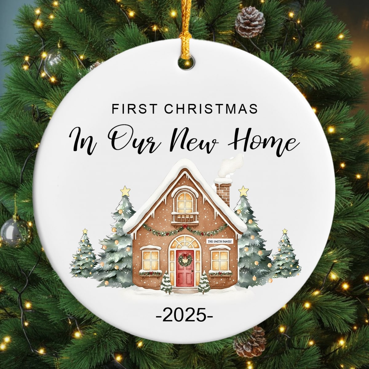 “First Christmas in Our New Home” ceramic ornament featuring a gingerbread house design hanging on a glowing Christmas tree. Discover tender personalized gifts for new homeowners at Hertender.com.
