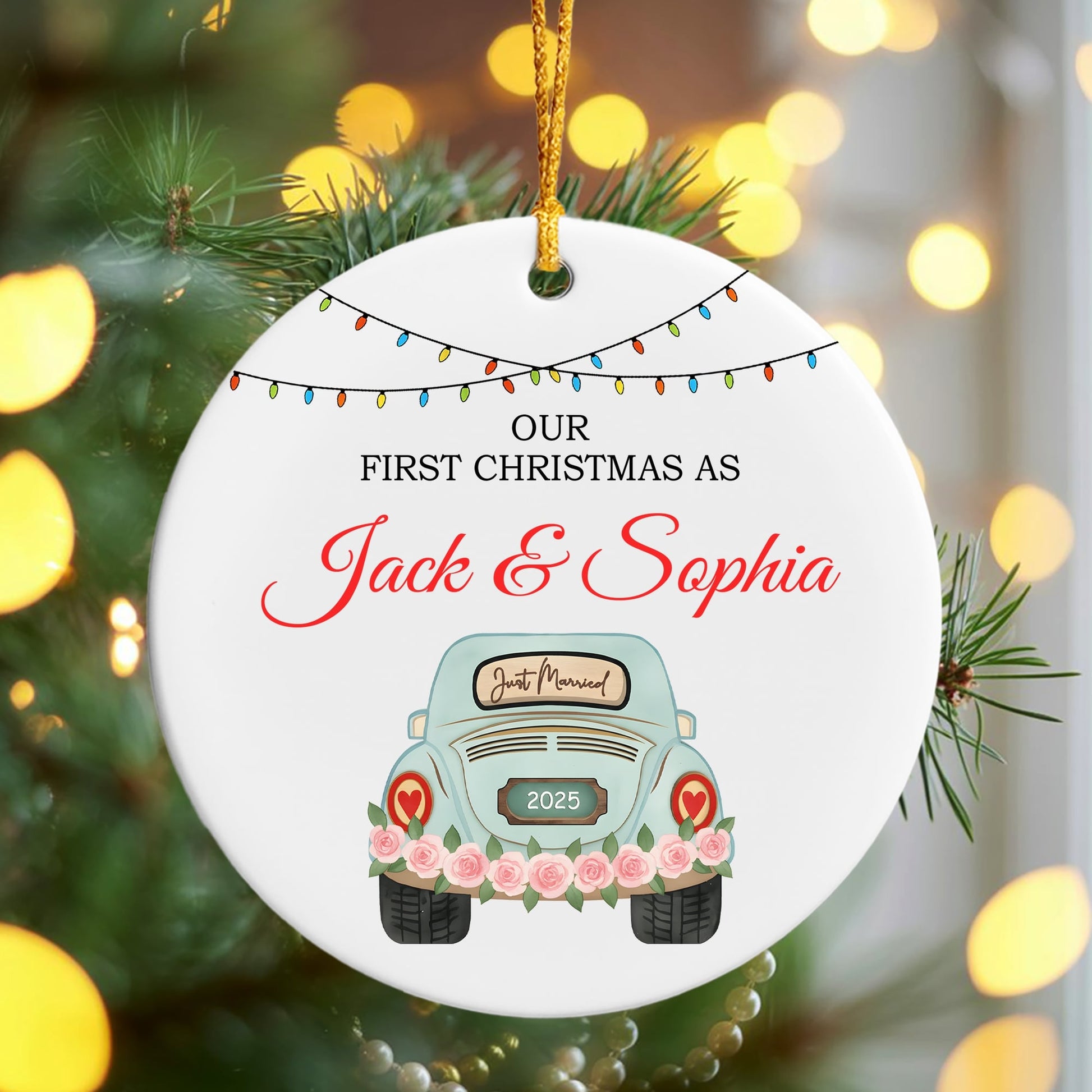 “Our First Christmas As Jack & Sophia” ceramic ornament featuring a pastel blue car with roses and glowing holiday lights. Celebrate love and personalized gifts with Hertender at Hertender.com.