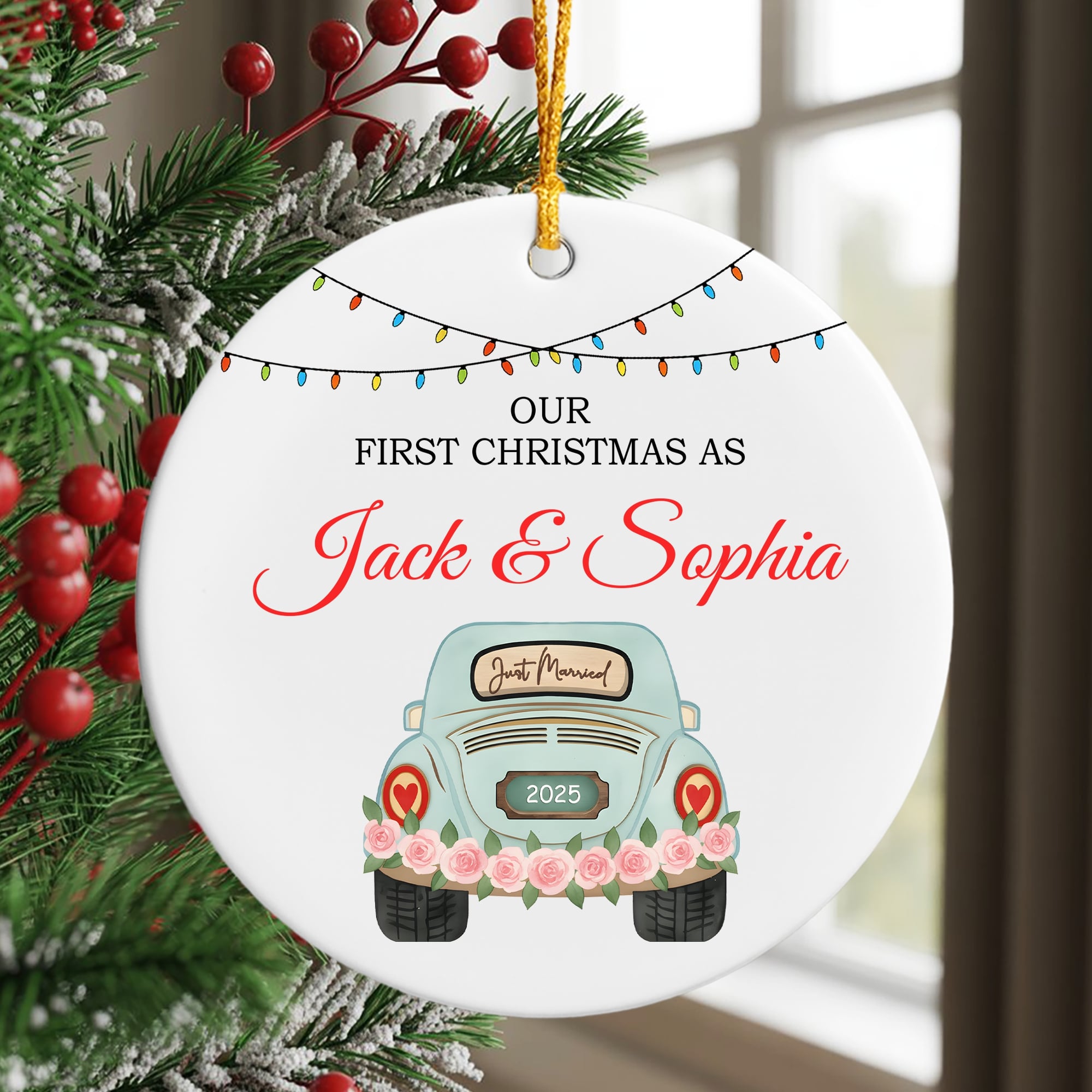 “Our First Christmas As Jack & Sophia” ceramic ornament featuring a pastel blue car with roses and festive lights — a heartfelt personalized gift for couples. Discover romantic personalized gifts at Hertender.com.