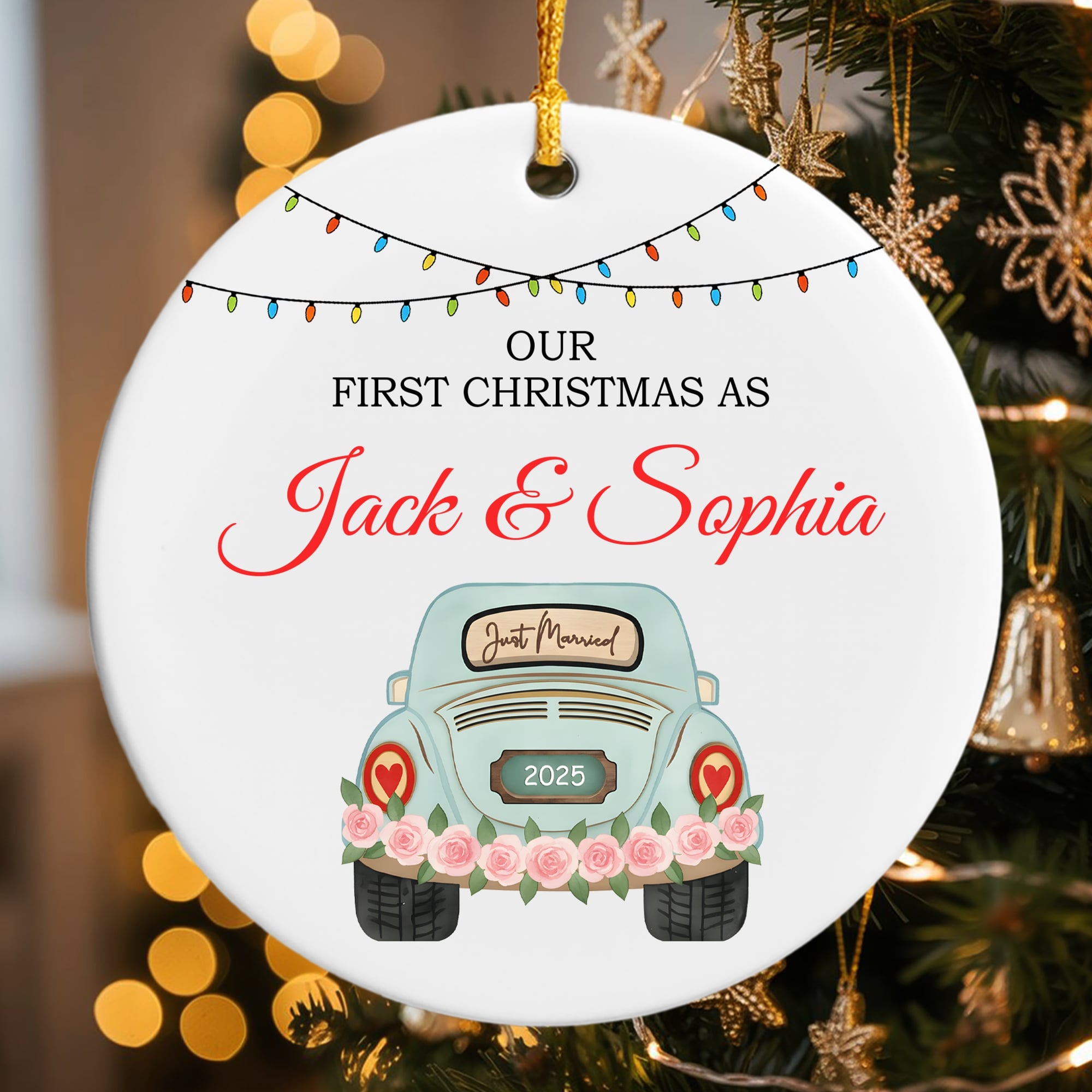 “Our First Christmas As Jack & Sophia” ceramic ornament featuring a pastel blue car with pink roses and festive lights — a sweet personalized gift for newlyweds. Celebrate love and tender moments with Hertender at Hertender.com.