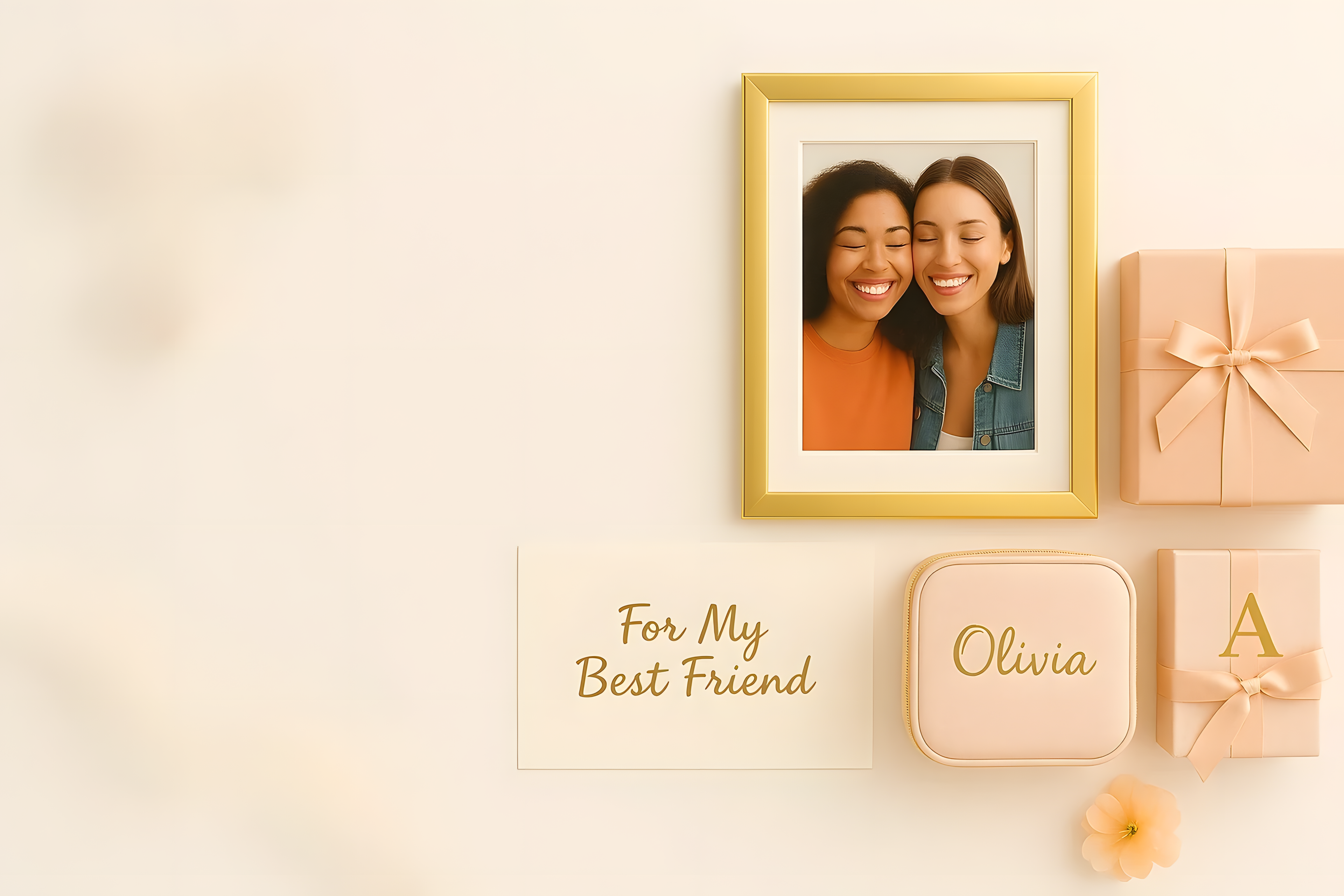 Personalized friendship gifts with framed photo, pink gift boxes, and “Crafted with care” HerTender quote — Celebrate friendship and heartfelt gifting with Hertender at HerTender.com.16184552193b4706ec-1