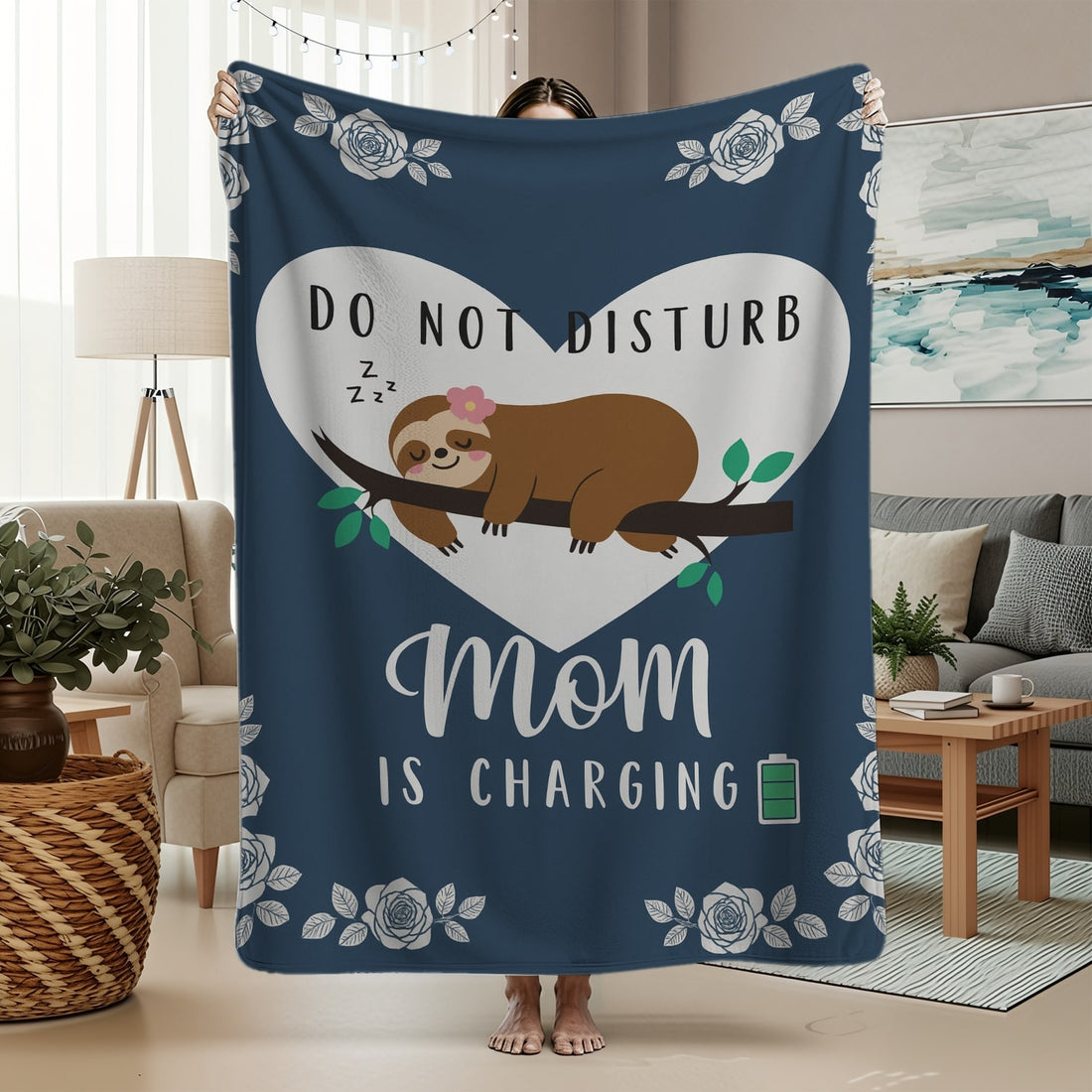 Navy blue blanket with a cute sloth and the quote “Do Not Disturb Mom Is Charging,” symbolizing cozy personalized gifts — Discover heartfelt personalized gifts at HerTender.com.