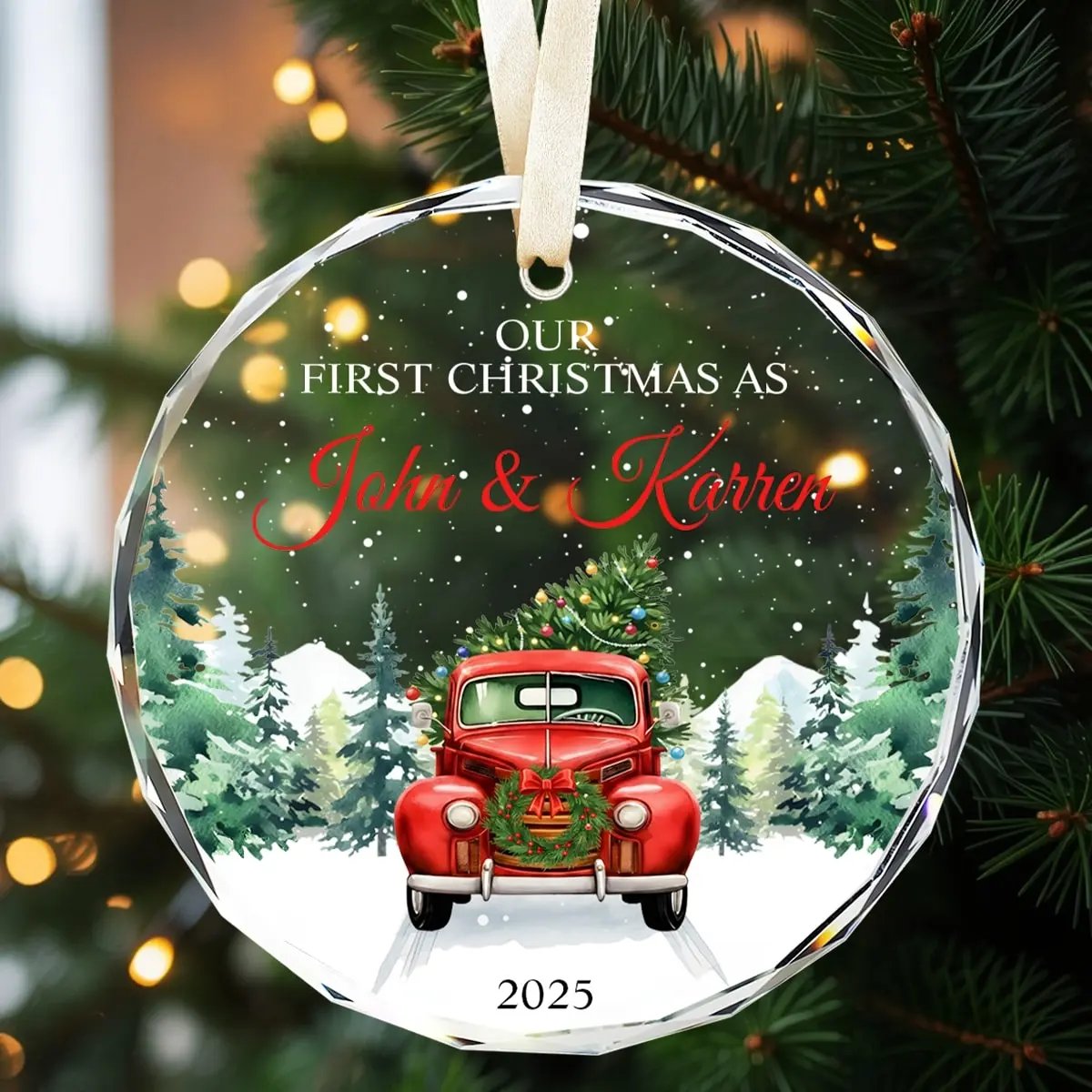 Round glass Christmas ornament featuring a red vintage truck and the text “Our First Christmas As John and Karren 2025” — a timeless keepsake for couples celebrating love and new traditions, available at Hertender.com.