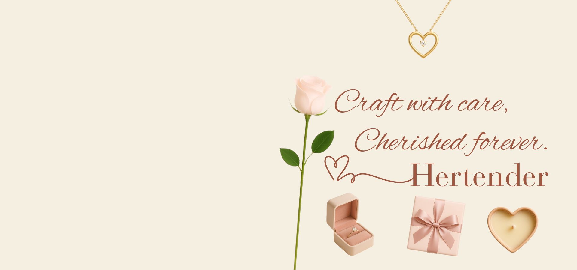 Blush pink gift box with satin ribbon, rose, and heart candle beside Hertender quote “Crafted with care, cherished forever” — Discover heartfelt handcrafted gifts that inspire love and confidence at Hertender.com.16184552193b4706ec-0